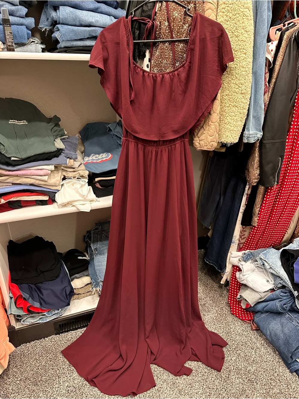 Baltic Born Wine-Red Maxi Dress with Flutter Sleeves